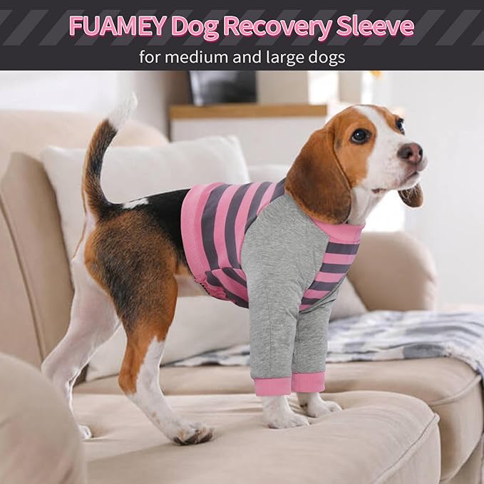 FUAMEY Dog Recovery Sleeve with Elbow Protector,Dogs Shirt Stop Licking Joints,Pet Long Sleeve Suit Protecting Dog's Front Leg Arm Wounds Cover Skin Conditions Pink Stripes M