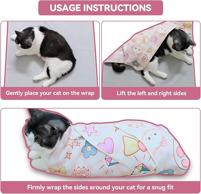 Cat Grooming Wrap for Cutting Nails, 21.6" Anti-Escape Calming Cat Swaddle Wrap for Medicine, Nail Clipping, Teeth Brushing, Ear Cleaning, Self-Adherent Burrito Restraint, (Happy Kitty, M)