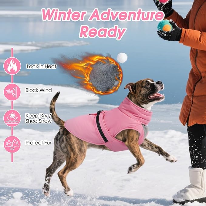 XXXL Dog Coat, Warm Dog Winter Jacket, Waterproof Dogs Snowsuit with Foldable High Collar, Reflective Strips, Leash Hole, and Adjustable Hook & Loop Closure - Ideal for Cold Weather - Pink 3XL