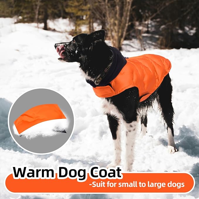 Nanaki Warm Dog Puffer Coat for Large Dogs-Lightweight Windproof Dog Coat with Hood, Water Resistant Pet Snowsuit for Cold Weather, Reflective Snowsuit, Adjustable Puffer Vest with Leash Hole, Orange