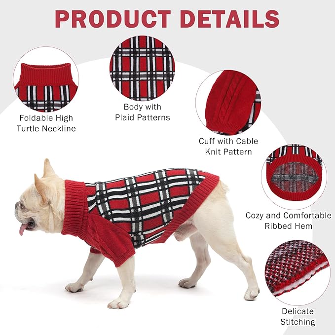 SCENEREAL Turtleneck Dog Sweater for Small Medium Large Dogs Girls Boys, Christmas Plaid Pullover Puppy Sweatershirt, Dogs Cold Weather Outfit Clothes, Ideal Gift for Pet in New Year, Red Plaid L