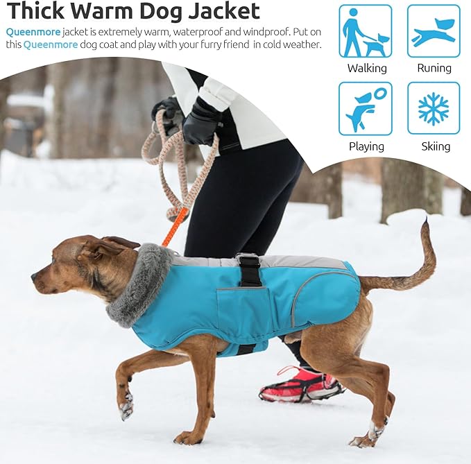 Queenmore Dog Jackets for Largeb Breeds, Large Dog Coats Winter Waterproof, Thick Fleece Lining Pet Coats for X-Large Dogs Winter, Blue, XL