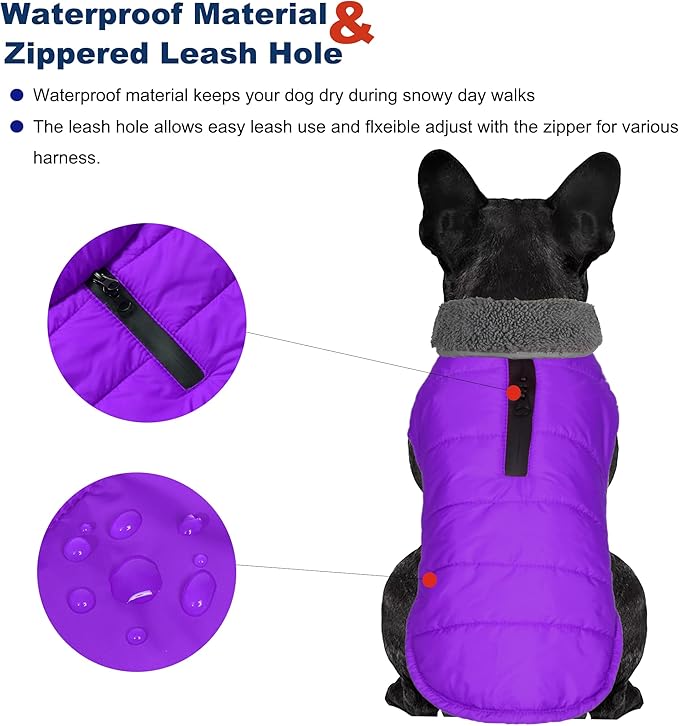 Dog Winter Coat, Waterproof Dog Jacket with Leash Hole, Reflective Adjustable Pet Snow Vest, Warm Fleece Sweater for Small Medium Large Dogs - Purple, L