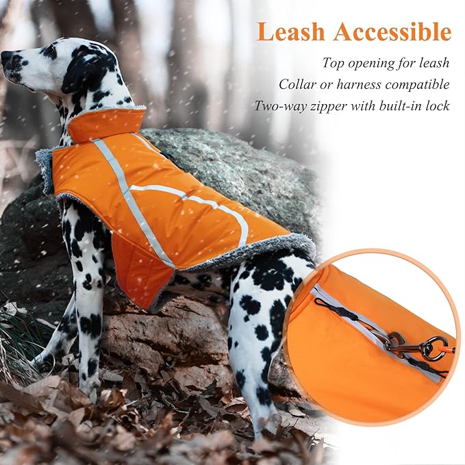 VIVAGLORY Frostfit Dog Coat, Dog Jacket for Winter & Cold Weather, Warm Fluffy Fleece Lined Water Resistant Reflective for Puppy, Coat with Velcro Fastening & Leash Hole, XL, Orange