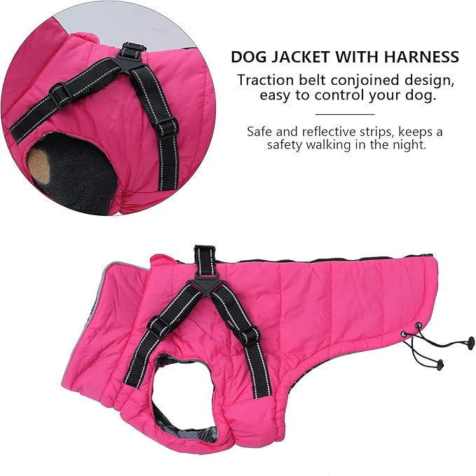 Winter Warm Coat Geyecete Waterproof Dog Jacket with Harness Traction Belt,Pet Outdoor Jacket Autumn and Winter Clothes for Medium, Small Dog-Pink-L