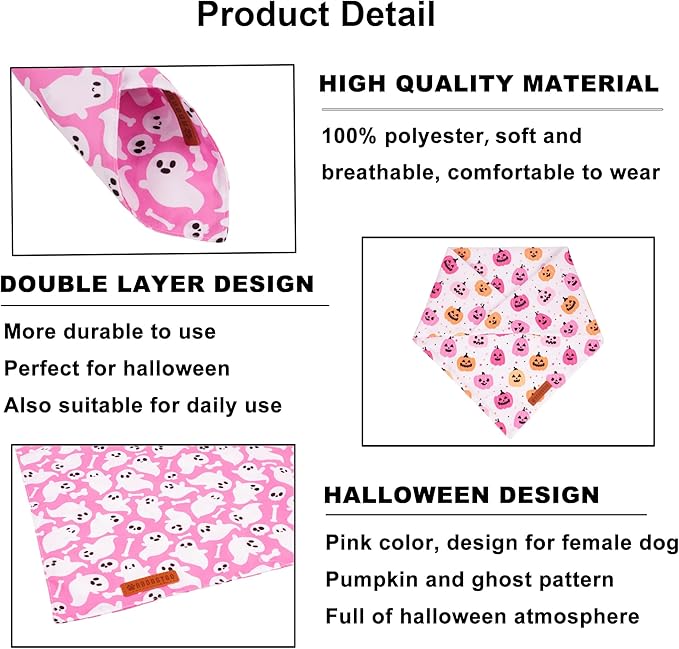 ADOGGYGO Halloween Dog Bandana, Pink Pumpkin Ghost Pet Scarf, Premium Durable Fabric, Adjustable Fit Female Halloween Bandanas for Extra Large Dogs Pets (X-Large)