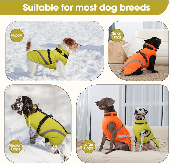 BRKURLEG Dog Winter Jackets for Medium Dogs, Dog Coat with Harness Built in, Dogs Snowsuits with Zipper, Waterproof Windproof Pet Puffer Jacket Fleece Vest for Beagle, Pug, Green L