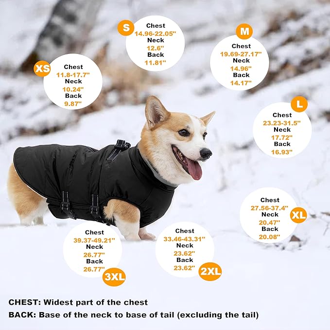 Large Dog Coat with Harness Built-in, Waterproof Reflective Fleece Lined - Warm Windproof Winter Jacket with Back Zipper, Cold Weather Snow Dog Coats - Black - 3XL