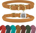 BronzeDog Rolled Leather Dog Collar with QR ID Tag, Adjustable Soft Round Collars for Small Medium Large Dogs Puppy (9" - 11" Neck Size, Mustard)