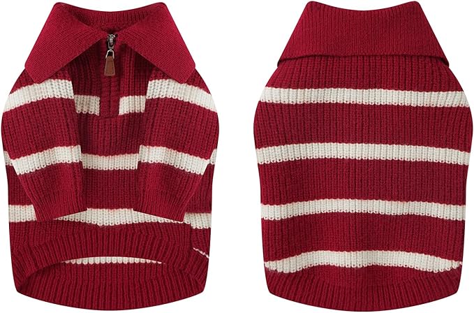 Small Dog Sweater with Zipper, Knitted Striped Pullover Dog Clothes for Cold Weather, Thick Warm Cozy Stretchy Sweater for Chihuahua, Bulldog, Dachshund, Pug(Red & White Strip, XL)