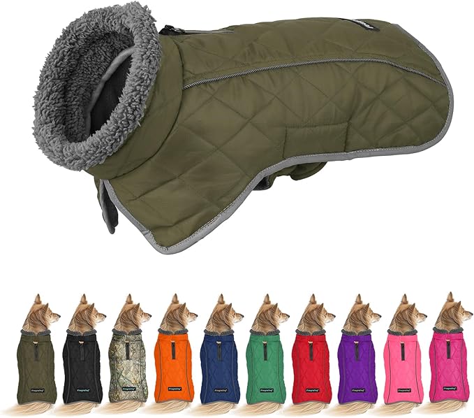 Fragralley Dog Coat Large, Waterproof Dog Jacket with Warm Fleece Lining, Adjustable Reflective Dogs Winter Coat, Turtleneck Pet Coats for Cold Weather (ArmyGreen L)