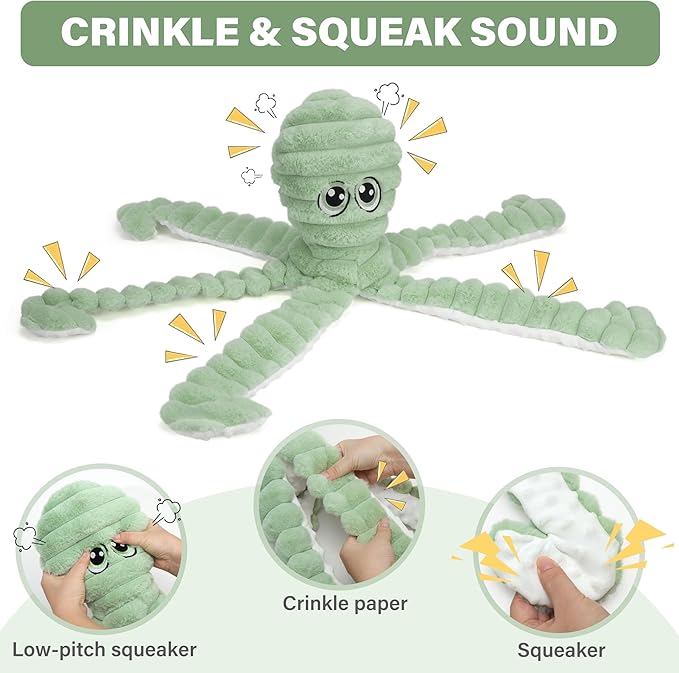 Prime Pets Dog Toys for Large Dogs, 27” Extra Large Plush Octopus Dog Toy, Crinkle Squeaky Dog Toy for Small Medium Large Breeds, Interactive Stuffed Chew Toys to Keep Them Busy, Green