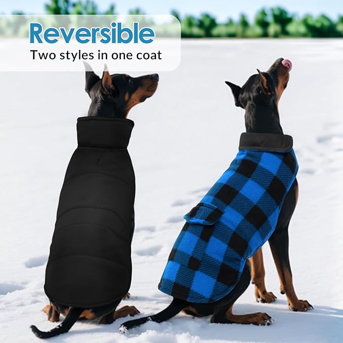 ASENKU Dog Winter Coat, Fleece Doggie Jacket Plaid Reversible Vest Waterproof Windproof Cold Weather Clothes for Small Medium Large Dogs (Blue,3XL)