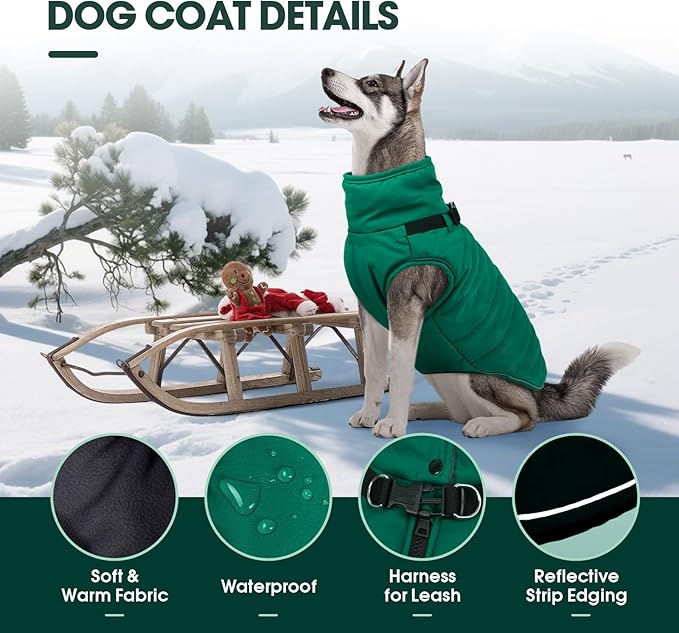 Kuoser Dog Jacket, Warm Dog Coat with Harness Built in for Small Dogs, Puppy Winter Jacket Pet Clothes for Cold Weather, Windproof Doggie Winter Vest for Pug Dachshund, Green S