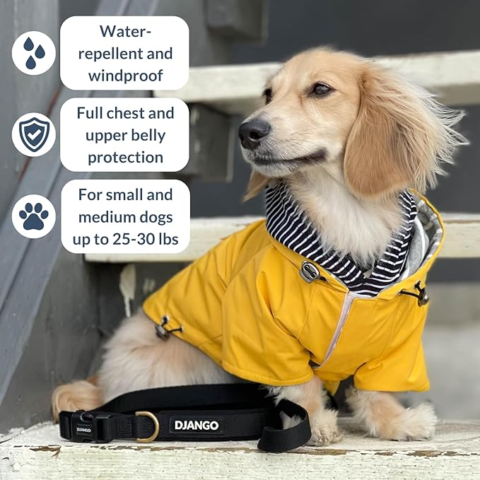 DJANGO Highland Dog Jacket & Raincoat – Water-Repellent, Lined Dog Coat with Hood, Adjustable Fit & Harness Hole – Lightweight Rain & Wind Jacket for Small & Medium Dogs up to 30 lbs (Yellow, Small)