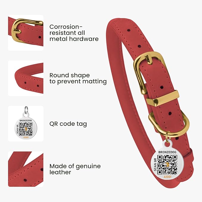 BronzeDog Rolled Leather Dog Collar with QR ID Tag, Adjustable Soft Round Collars for Small Medium Large Dogs Puppy (7" - 10" Neck Size, Coral Pink)