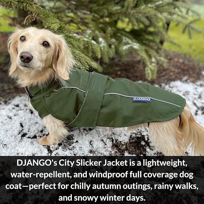 DJANGO Dog Jacket & Raincoat – Lightweight Water-Resistant Coat for Small, Medium & Long Dogs Like Dachshunds – Reflective, Adjustable Fit, Harness-Compatible & Easy-Access Harness Hole - Green, Small
