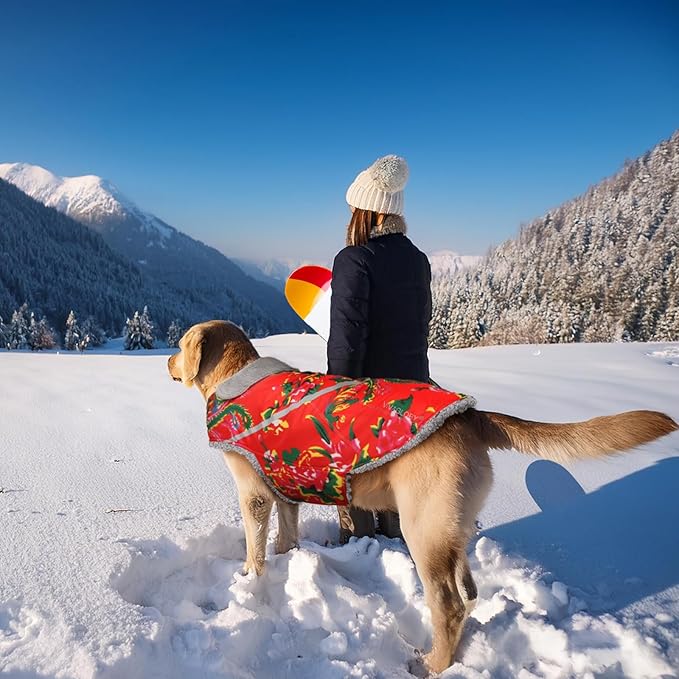 VIVAGLORY Snowrap Dog Coat, Jacket with Harness Hole & Velcro Closure, Dog Coat for Winter & Cold Weather, Fluffy Warm Fleece Lined Reflective Water Resistant for Puppy, XXS, Northeast Florals-Red