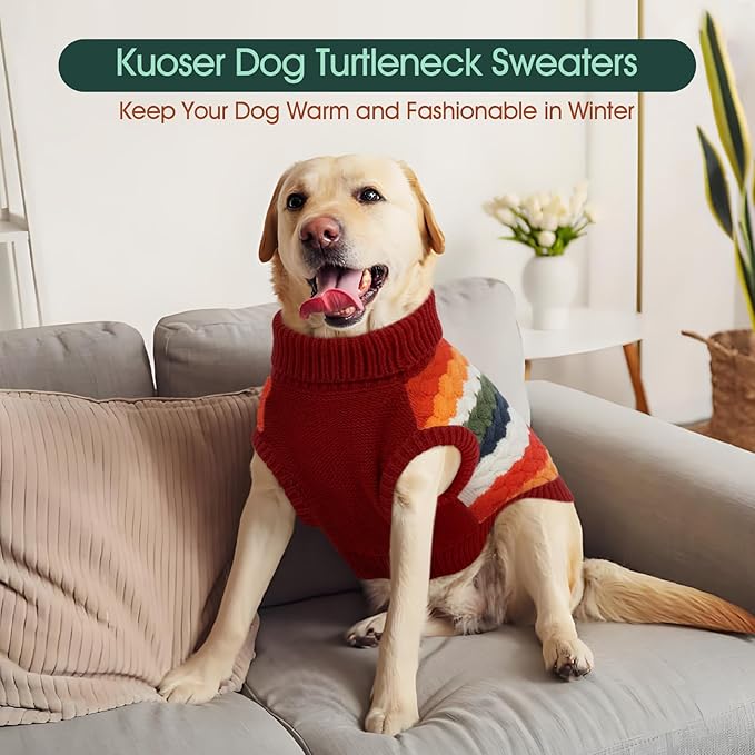 Kuoser Dog Sweater, Pet Cable Knitted Pullover Puppy Warm Clothes, Doggy Turtleneck Classic Knitwear Soft Thickening Doggie Outfit, Cold Weather Thermal Wear for Large Size Dogs, Red 2XL