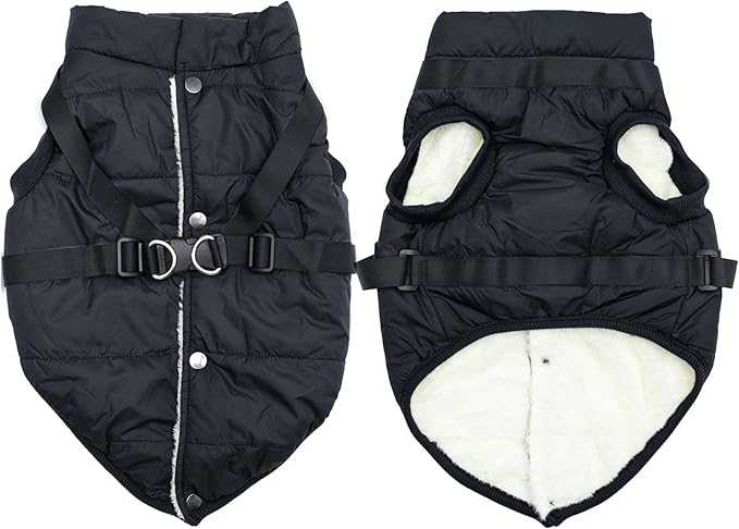 Dog Jacket with Harness,Fleece Lined Warm Puppy Coat for Winter,Soft Windproof Medium Dog Vest,Black XL