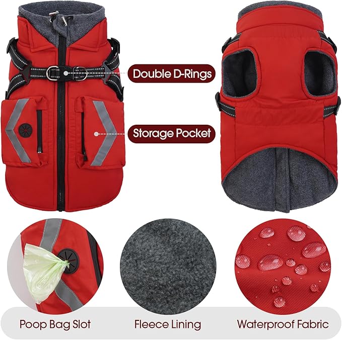FUAMEY Dog Harness Coat 3X Large, Winter Jacket for Dogs Cold Weather Vest Reflective Strips, Warm Doggy Clothes Winter Suit Waterproof, Cozy Outfits for Large Doggies, Golden Retriever (Red, 3XL)
