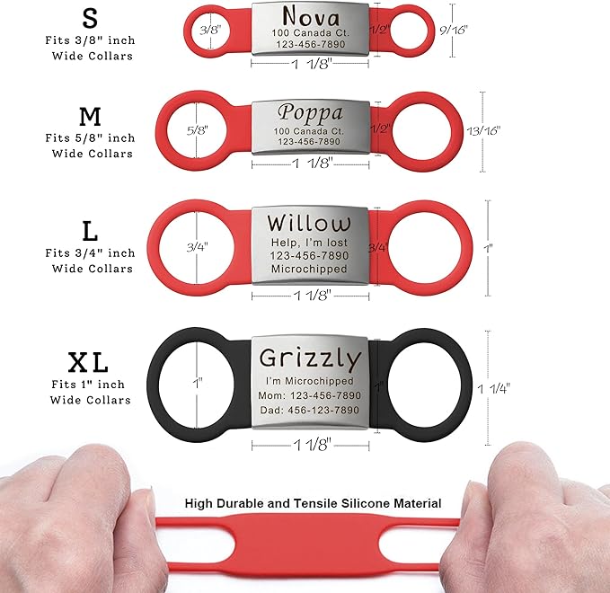 Anavia Slide On Silent Pet ID Tags, S/M/L/XL Personalized Multi-Color Silicone Band Cat Dog Name Tags, Customized Engraved Stainless Steel, Chew-Proof Quiet Dog Collar Tags (Small, Red)
