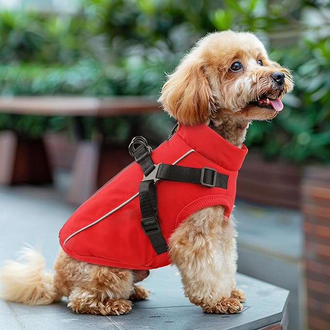 Dog Winter Coat Reflective Water-Resistant Jacket, Fleece Lined Windproof Puppy Coat with Back Zipper & D-Ring, Cold Weather Dog Coats for Small Medium Large Dogs (S, Red)