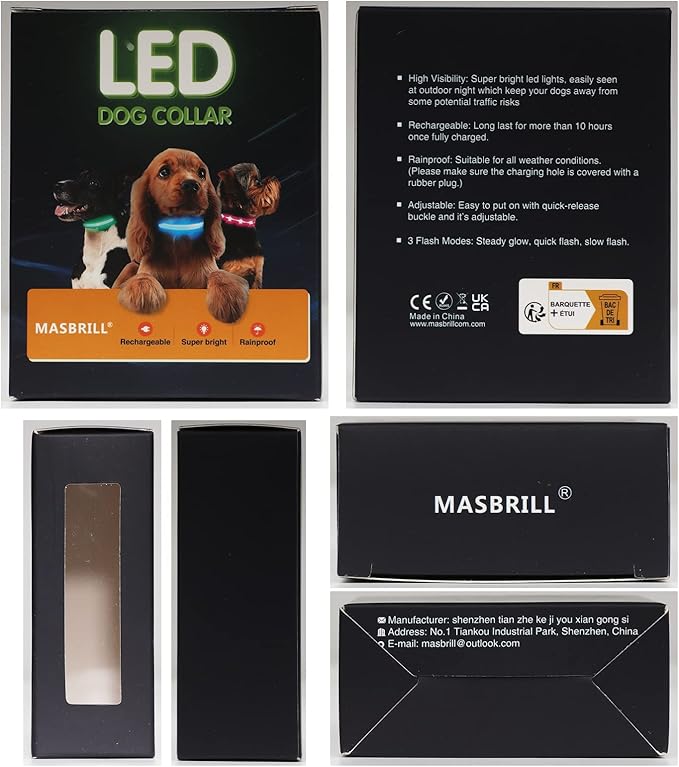 MASBRILL Led Dog Collar - Light Up, Night Walking, Water-Resistant Blue Glowing Collar 4 Colors to Choose From