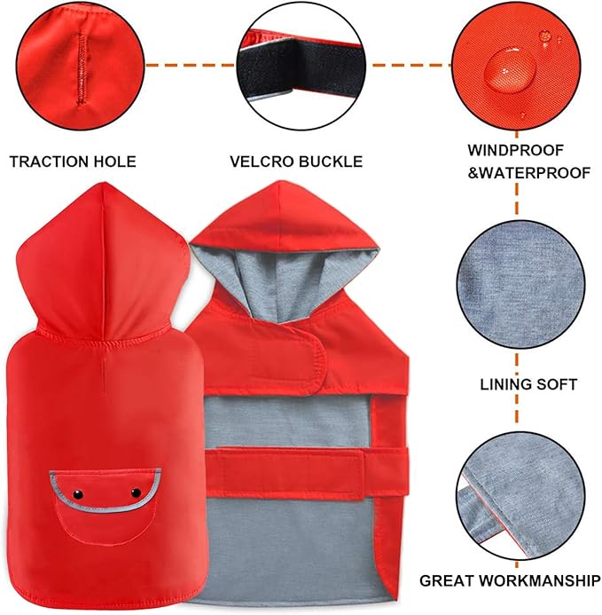 Dog Raincoat Dogs Rain Jacket Reflective Poncho Rainwear Waterproof Pet Clothes Warm Lined Pocket Hooded Leash Hole Adjustable Small Medium Dogs,Red,XL,Back Length 14.0 Inch