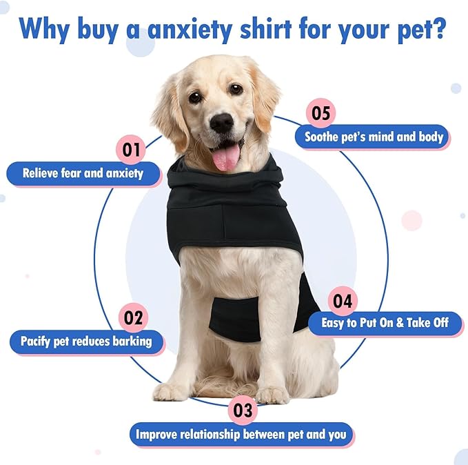 Large Anxiety Relief Vest for Medium Dogs,Soft Calming Shirt | Wraps Adjustable Chest with Hood Neck Wraps,Security in Fireworks & Thunderstorms,Bad Weather(Black)
