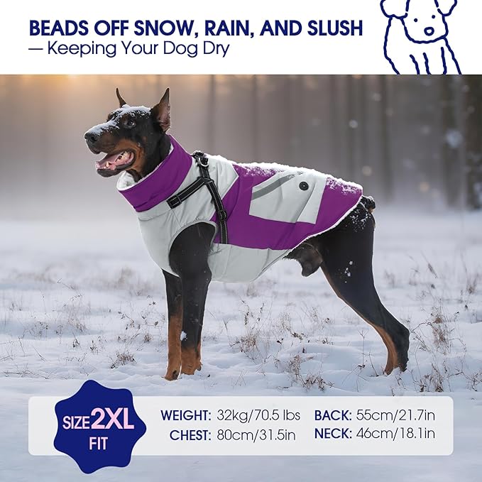 FUAMEY Dog Winter Jackets for Small Dogs,Dog Coat with Harness Built in,Waterproof Dogs Snowsuits Warm Pet Jacket Zip Up Fleece Cold Weather Coats Reflective Puppy Vest with Pocket Purple S