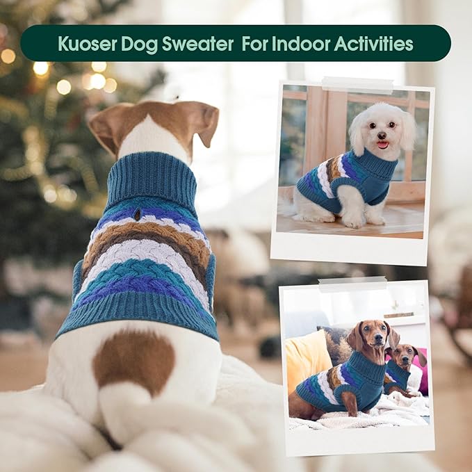 Kuoser Dog Sweater, Warm Dog Sweaters for Small Dogs Pet Christmas Clothing, Classic Cable Knitwear Cold Weather Thermal Pullover for Pug Dachshund Yorkie, Soft Puppy Turtleneck Sweatshirt, Blue S