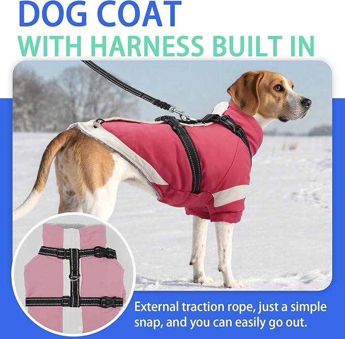 MIGOHI Dog Coat with Harness Built in, 2-in-1 Water-Resistant Dog Jacket, Thermal Fleece Lined Coat with Reflective Strips for Medium Dogs, Zip Up Closure, French Bulldog, Pink, M