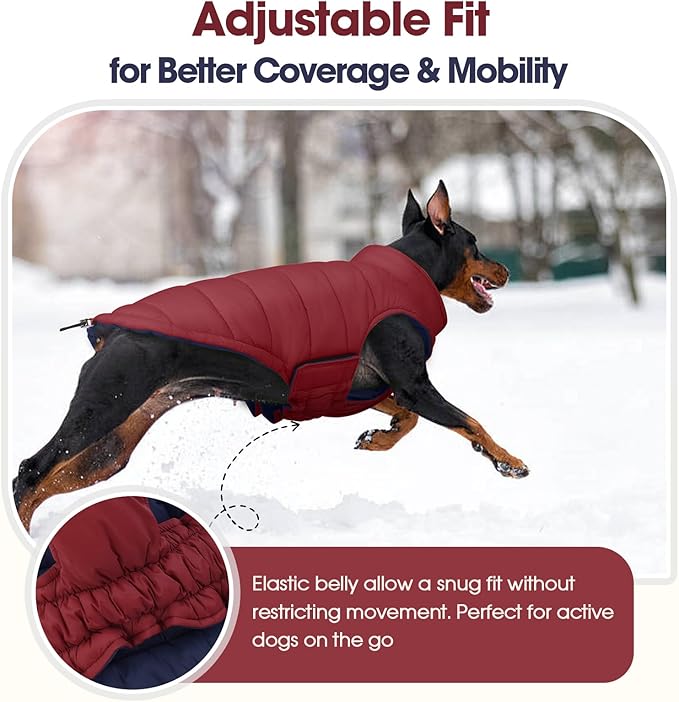 QBLEEV Reversible Dog Jacket for Small Dogs, Waterproof Windproof Warm Winter Coat with Adjustable Fit & Leash Hole, Lightweight Reversible Puffer Vest, Wine Red, S – Fits Yorkie, Shih Tzu