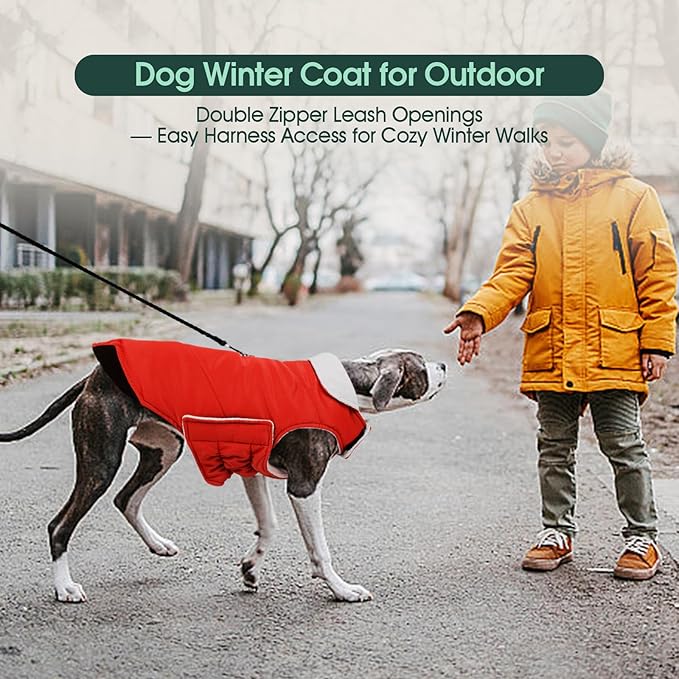 Kuoser Dog Coat Medium, Cold Weather Reflective Waterproof Dogs Jacket with Warm Fleece Lining, Turtleneck Dog Winter Coat with Zipper, Doggy Snow Jacket Pet Coats for Small Medium Large Dogs, Red M