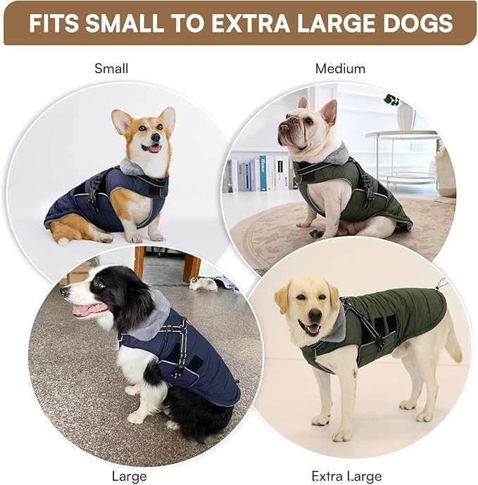 Queenmore Small Winter Dog Coat with Harness Built-in, Waterproof Winter Jackets for Small Dogs, Puppy Warm Puffer Jacket for Snow/Cold Weather - Fleece Reflective Easy On Velcro Closure, Navy S