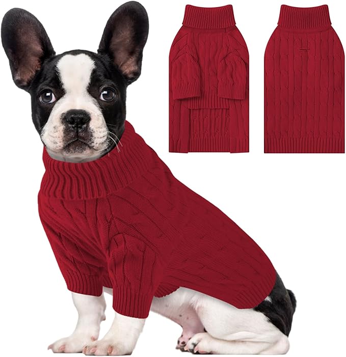 Small Dog Thermal Pullover Sweater, Classic Turtleneck Cable Knitwear Dog Clothes for Cold Weather Warm Pet Clothes for Chihuahua, Bulldog, Dachshund, Pug Red X-Large