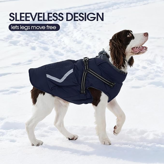 FUAMEY Dog Winter Coat Reflective Strips, Cozy Dogs Jacket with Harness Back Zipper, Fleece Lined Puppy Vest Thermal Clothes, Dog Cover for Cold Weather Snow Outfits, French Bulldogs (Dark Blue, M)