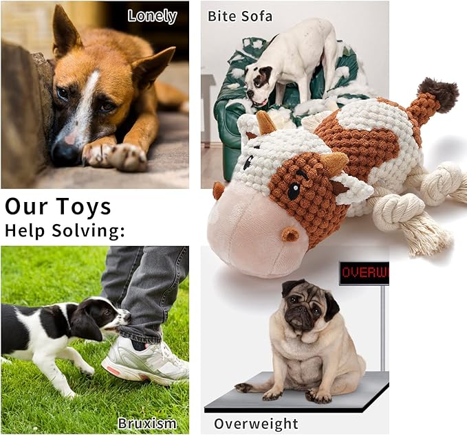 Dog Toys, Dog Plush Toy for Large Breed, Cute Squeaky Dog Toys with Crinkle Paper, Dog Chew Toys for Puppy, Small, Middle, Big Dogs (Cow)