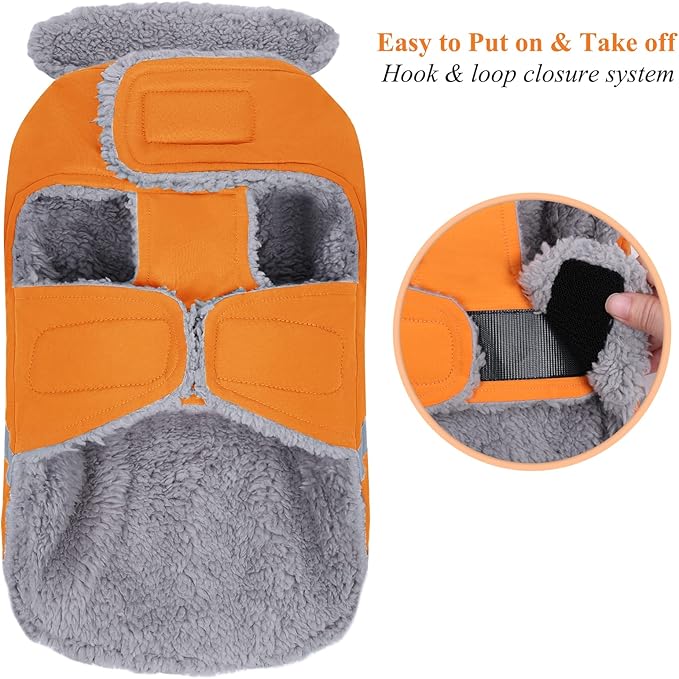 VIVAGLORY Frostfit Dog Coat, Dog Jacket for Winter & Cold Weather, Warm Fluffy Fleece Lined Water Resistant Reflective for Puppy, Coat with Velcro Fastening & Leash Hole, S, Orange