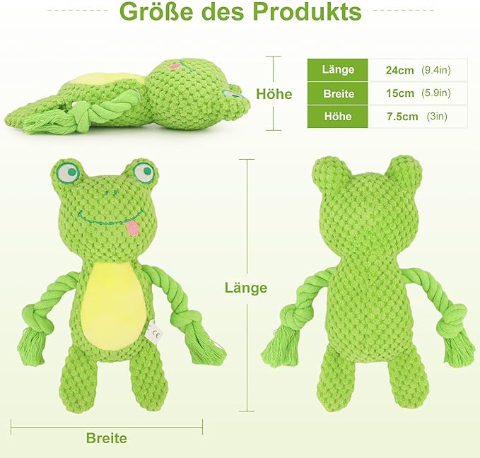 Dog Toys, Dog Squeaker Toys with Crinkle Paper, Stuffed Animal Dog Plush Chewing Toy, Cotton Rope Interactive Toys for Puppy, Small, Middle Dogs (Green Frog)