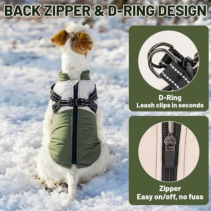 Dog Winter Coat for Small & Medium Dogs (Up to 31lb), Waterproof Dog Coat with Harness, Puppies Windproof Puppy Puffer Jacket, Snowsuit for Dachshund,Frenchie, Corgi (Classic Green, Large)
