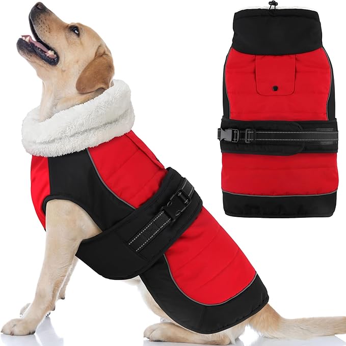 Dogcheer Dog Coat, Christmas Dog Jacket, Waterproof Turtleneck Puppy Winter Coat, Adjustable Pet Puffer Jacket, Reflective Warm Fleece Coats for Small Medium Large Dogs - Red, XL