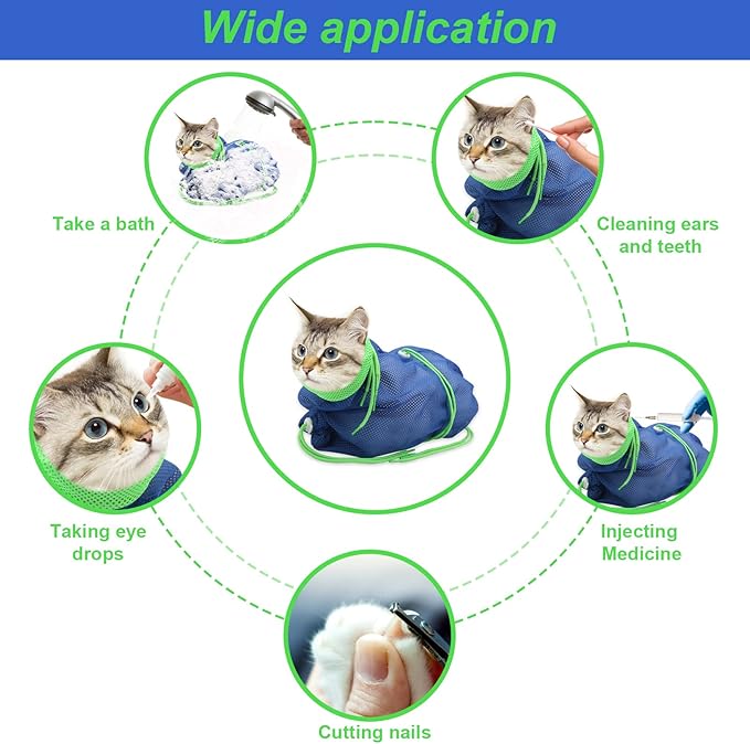 Breathable Mesh Shower Bag - Anti Scratch Adjustable Grooming for Nail Trimming, Bathing - Polyester Soft Cat Washing (Blue-Green)
