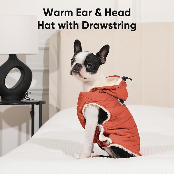 Fleece Lining Dog Hoodie with Harness Built in,Extra Warm Small Dog Jacket in Winter Puppy Coats with Drawstring Hooded,Orange M
