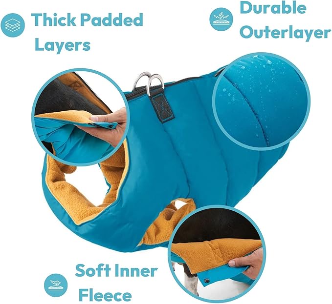 Gooby Padded Vest Dog Jacket - Solid Turquoise, Large - Warm Zip Up Vest Fleece Jacket with Dual D Ring Leash Water Resistant for Small to Medium Dogs
