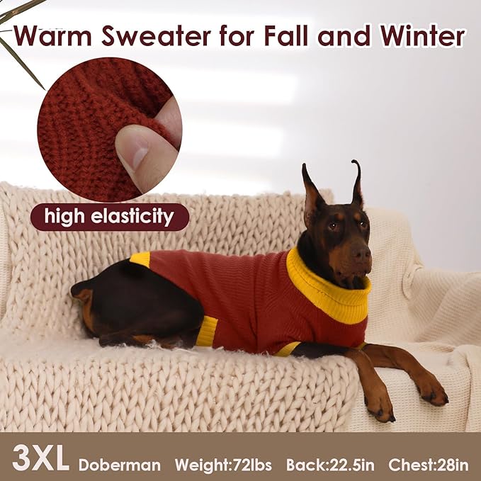 Dog Sweater XXXL, Turtleneck Sleeve Sweater with Leash Hole, Stretchy Christmas Sweaters for Large Dogs Male Female, Holiday Knitted Jumper for Husky, Golden Retriever, Doberman, Burgundy 3XL
