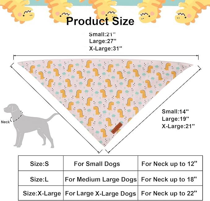 ADOGGYGO Dinosaur Dog Bandanas, Colorful Dino Pattern Pet Scarf, Premium Soft Fabric, Adjustable Fit Dinosaur Bandanas for Medium Large Dogs (Large)