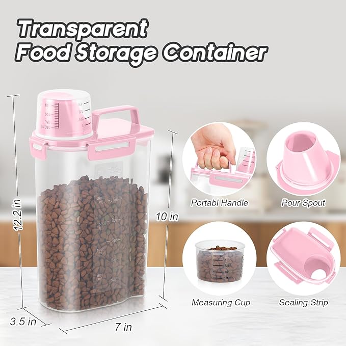 3+5Lbs 2Pack Small Cat Dog Food Storage Containers BPA Free, Airtight Pet Food Storage Containers with Large Pour Spout/1 Measuring Cup/ 4 Safety Locks and Double-Layer Silicone Strip (Pink)