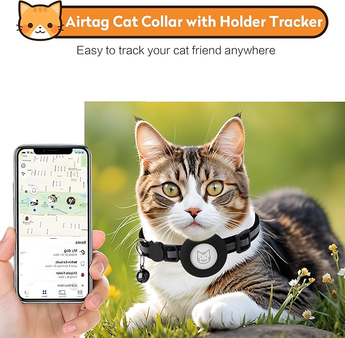 Airtag Cat Collar with Bell, Reflective Nylon Kitten Collar with Apple Air Tag Holder and Breakaway Safety Buckle for Puppy Girl Boy Cats, 3/8" in Width and Lightweight, Green
